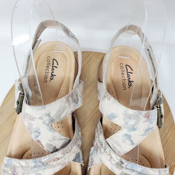 Clarks Sandals Women 7 Brynn Step Slide‎ Floral Low Wedge Platform Comfort Shoes - Picture 5 of 13